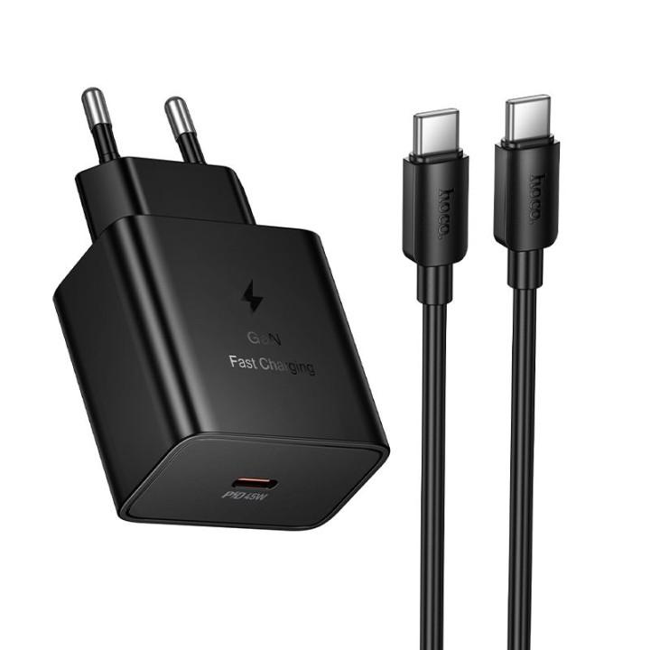 Сетевое зарядное устройство для телефона Hoco USB C QC PD 45W + кабель USB-C – USB-C N77 черное