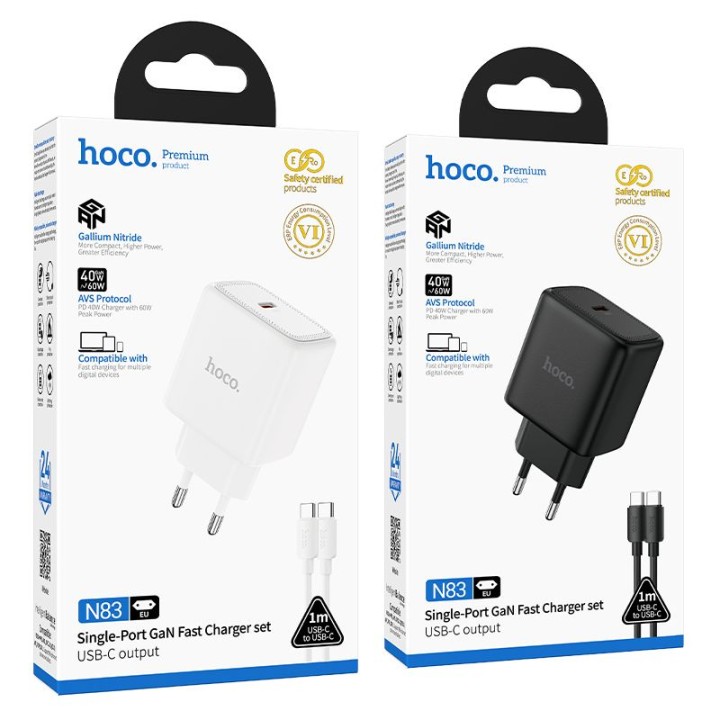 Wall charger GaN for phone Hoco USB C PD AVS 40W max 60W + USB-C to USB-C cable N83 black