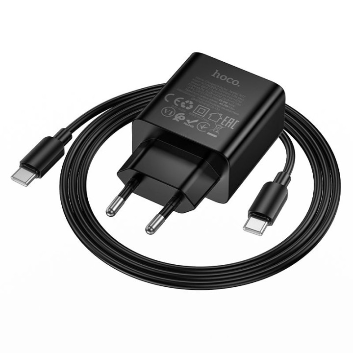 Wall charger for phone Hoco USB C QC PD 45W + USB-C to USB-C cable N77 black
