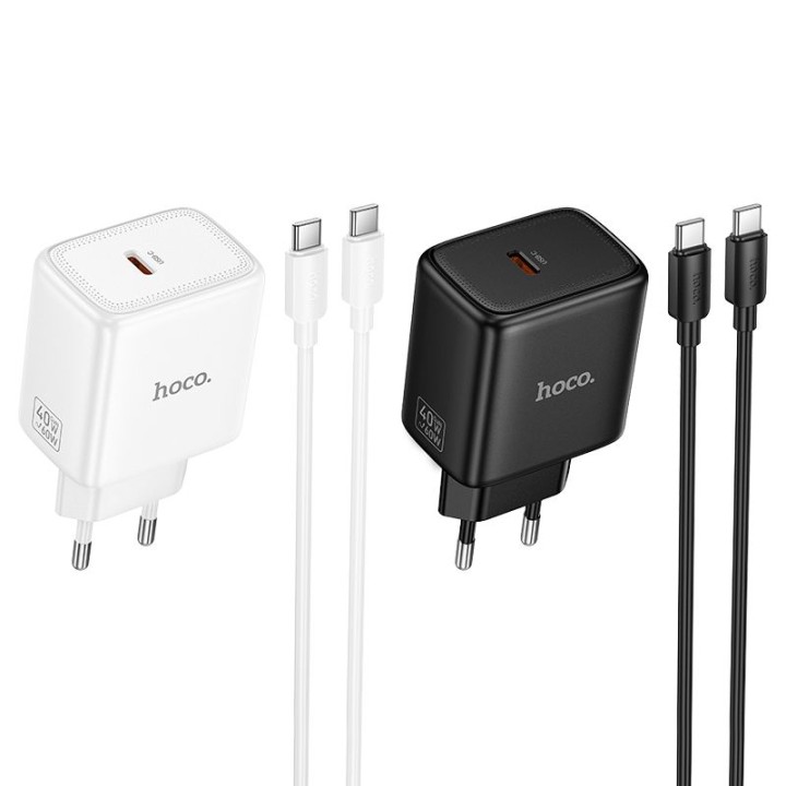 Сетевое зарядное устройство GaN для телефона Hoco USB C PD AVS 40W max 60W + кабель USB-C – USB-C N83 черное