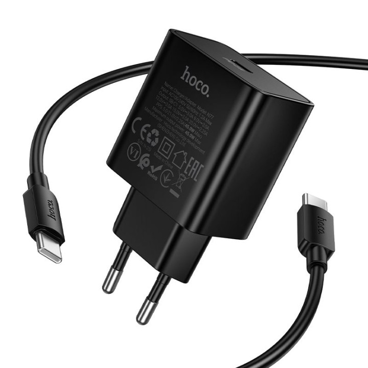 Wall charger for phone Hoco USB C QC PD 45W + USB-C to USB-C cable N77 black
