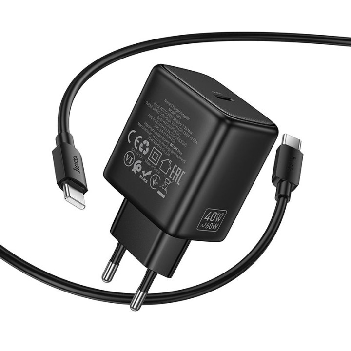 Сетевое зарядное устройство GaN для телефона Hoco USB C PD AVS 40W max 60W + кабель USB-C – USB-C N83 черное