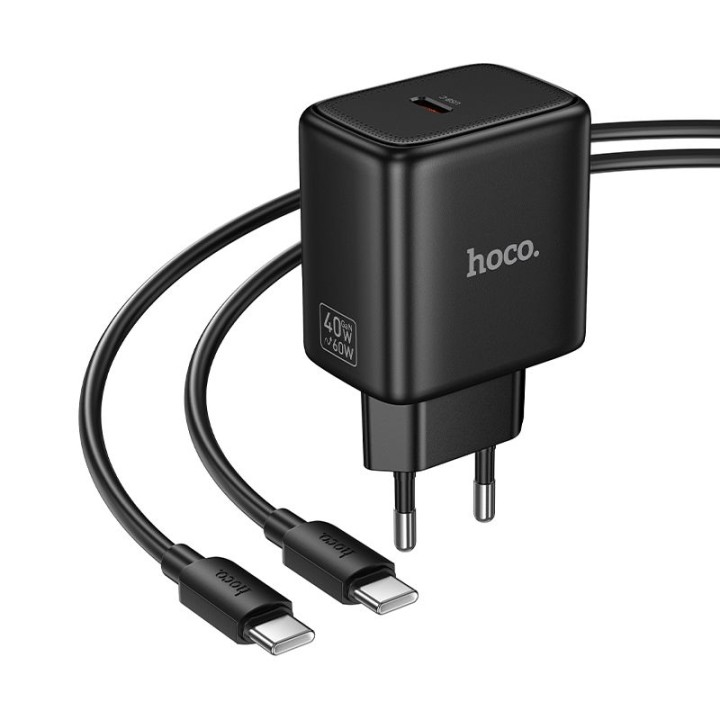 Wall charger GaN for phone Hoco USB C PD AVS 40W max 60W + USB-C to USB-C cable N83 black