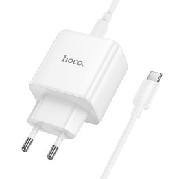 Мережевий зарядний пристрій GaN для телефону Hoco USB C PD AVS 40W max 60W + кабель USB-C – USB-C N83 білий
