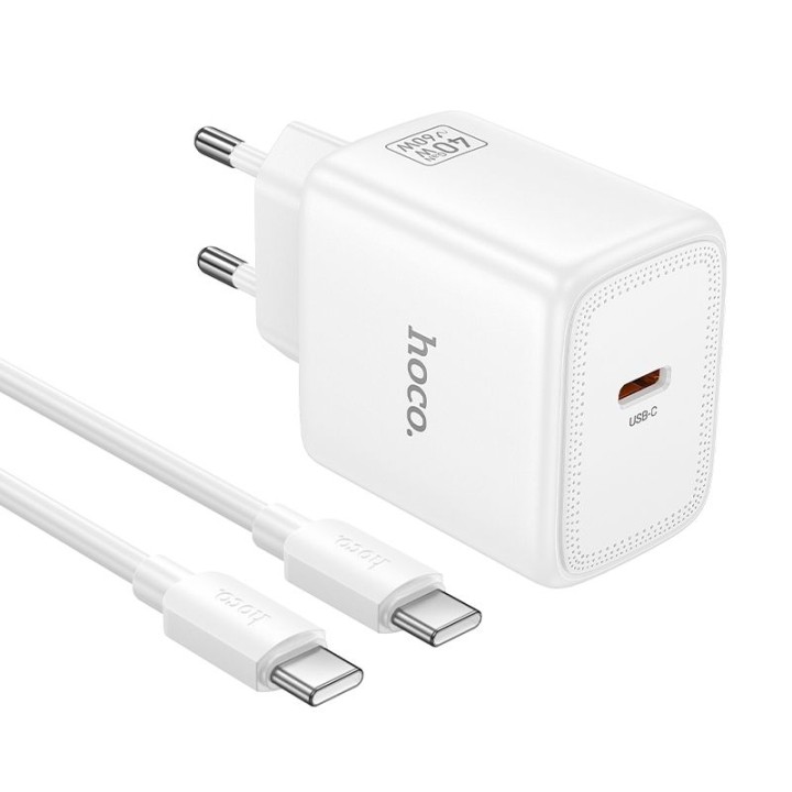 Wall charger GaN for phone Hoco USB C PD AVS 40W max 60W + USB-C to USB-C cable N83 white