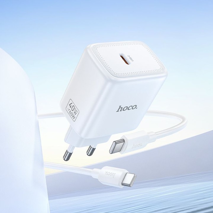 Ładowarka sieciowa GaN do telefonu Hoco USB C PD AVS 40W max 60W + kabel USB C do USB C N83 biała