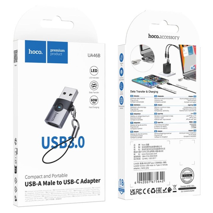Adapter OTG USB A do USB C Hoco UA46B grafitowy