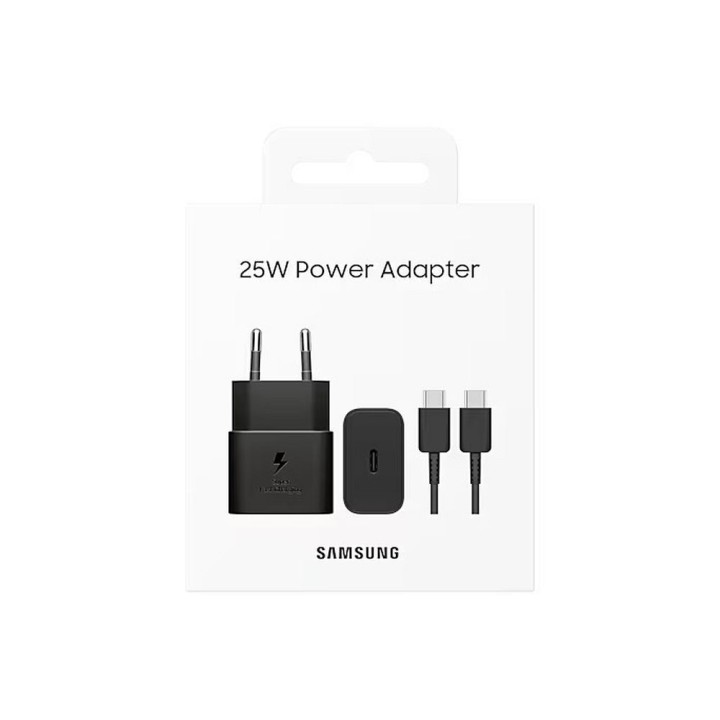 SAMSUNG oryginalna ładowarka sieciowa Typ C + kabel Typ C do Typ C PD 3A 25W GaN EP-T2510XBEGEU czarna blister