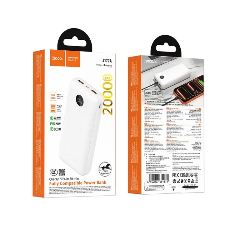 Power bank Hoco 20000 mAh QC 22,5W+PD 20W LED J172A white