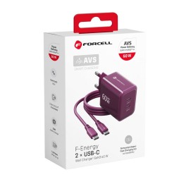 Ładowarka sieciowa do telefonu Forcell F-Energy GaN III Crystal Color 2x USB C AVS SSFC3.0 60W + kabel USB C do USB C VT-60