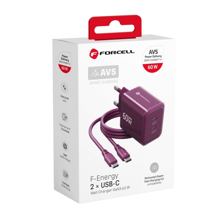 Сетевое зарядное устройство для телефона Forcell F-Energy GaN III Crystal Color 2x USB C AVS SSFC3.0 60W + кабель USB C на USB C