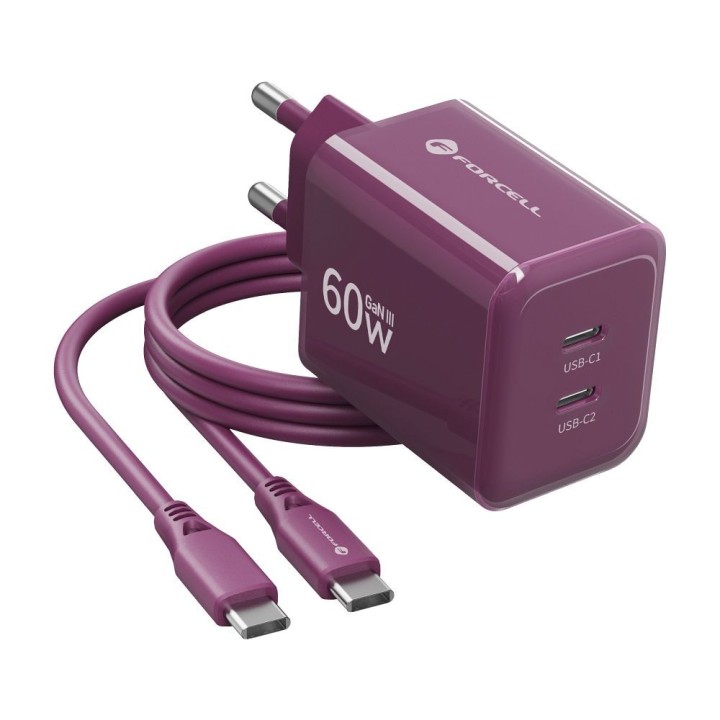 Wall charger for phone Forcell F-Energy GaN III Crystal Color 2x USB C AVS SSFC3.0 60W + USB-C to USB-C cable VT-60