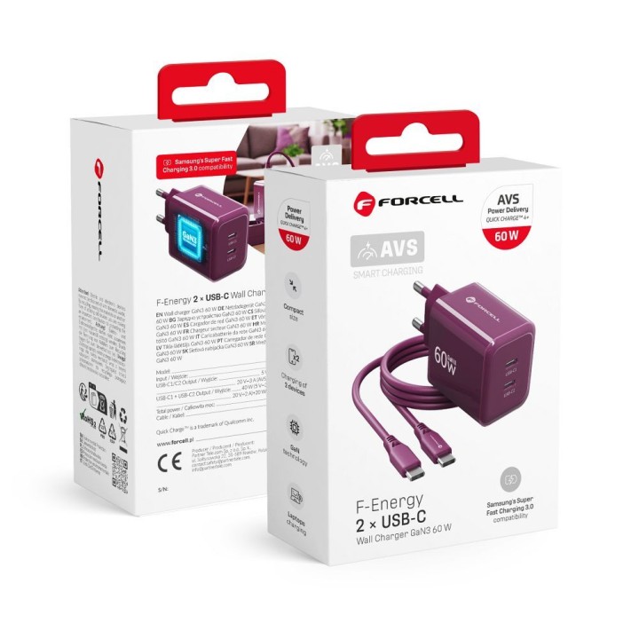 Wall charger for phone Forcell F-Energy GaN III Crystal Color 2x USB C AVS SSFC3.0 60W + USB-C to USB-C cable VT-60