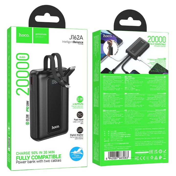 Power bank 20000 mAh QC PD 22,5W with built-in cables USB C + Lightning Hoco J162A black