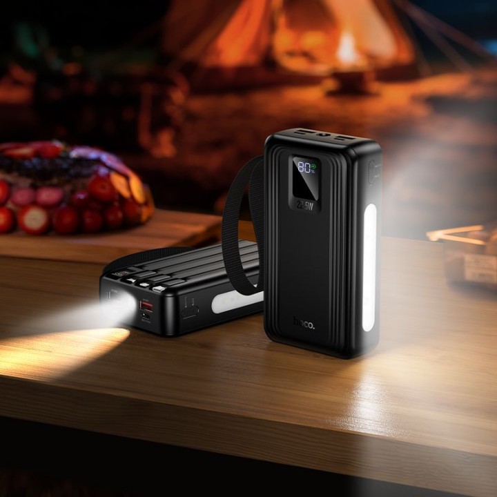 Повербанк 20000 mAh QC PD 22,5W із вбудованими кабелями USB A + USB C + Lightning + Micro USB та двома ліхтариками Hoco J173