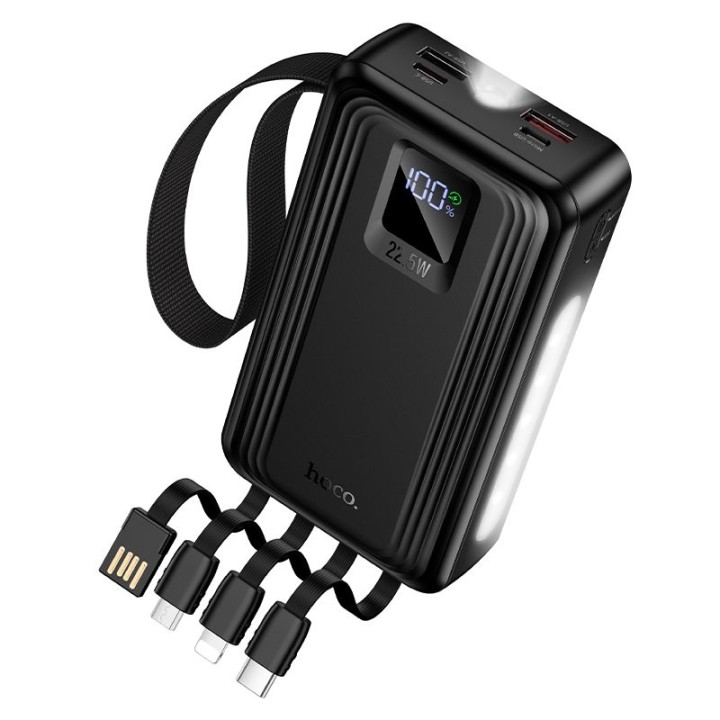 Повербанк 20000 mAh QC PD 22,5W со встроенными кабелями USB A + USB C + Lightning + Micro USB и двумя фонариками Hoco J173