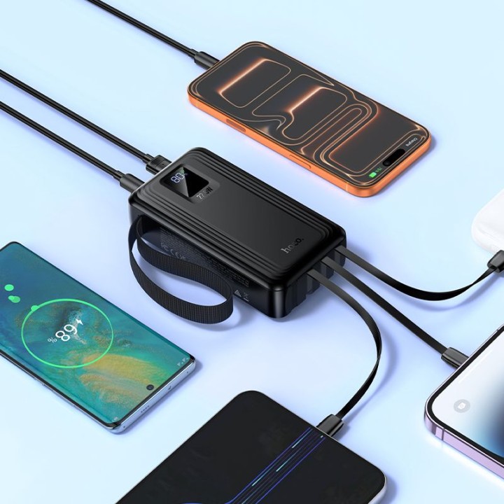Повербанк 20000 mAh QC PD 22,5W со встроенными кабелями USB A + USB C + Lightning + Micro USB и двумя фонариками Hoco J173