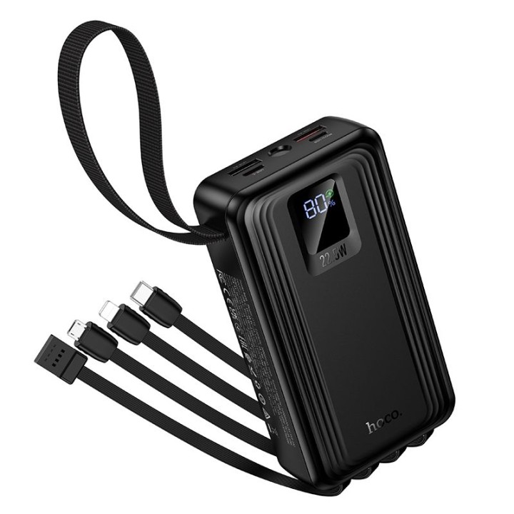Повербанк 20000 mAh QC PD 22,5W із вбудованими кабелями USB A + USB C + Lightning + Micro USB та двома ліхтариками Hoco J173