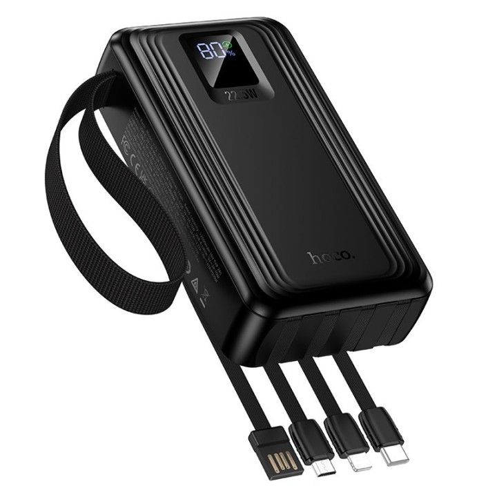 Повербанк 20000 mAh QC PD 22,5W со встроенными кабелями USB A + USB C + Lightning + Micro USB и двумя фонариками Hoco J173