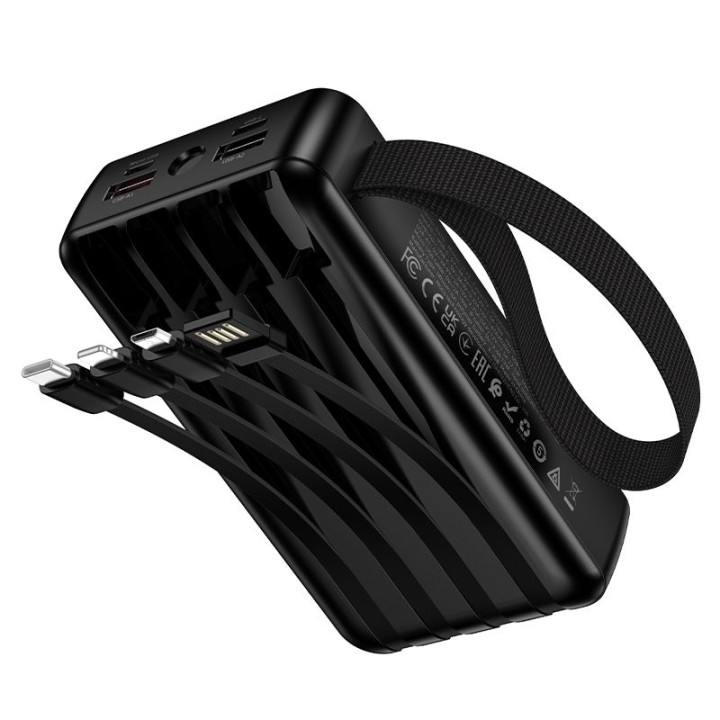 Повербанк 20000 mAh QC PD 22,5W со встроенными кабелями USB A + USB C + Lightning + Micro USB и двумя фонариками Hoco J173