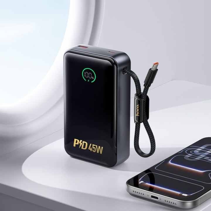 Повербанк 20000 mAh PD QC 2A 45W з вбудованим кабелем USB C Hoco Q54 білий