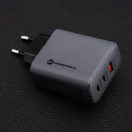 Wall charger for phone Forcell F-Energy GaN 2 x USB C + USB A QC4.0 PD 4A 65W VT-42B grey