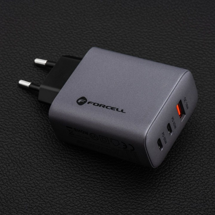 Мережевий зарядний пристрій для телефону Forcell F-Energy GaN 2 x USB C + USB A QC4.0 PD 4A 65W VT-42B сірий