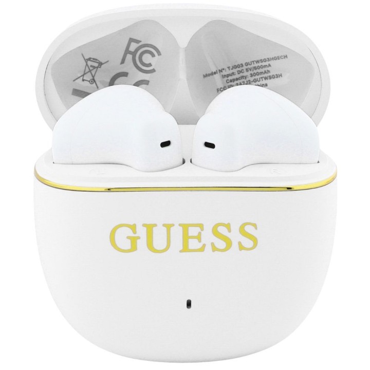 Słuchawki bezprzewodowe douszne TWS Guess Glossy Gold Line Classic białe