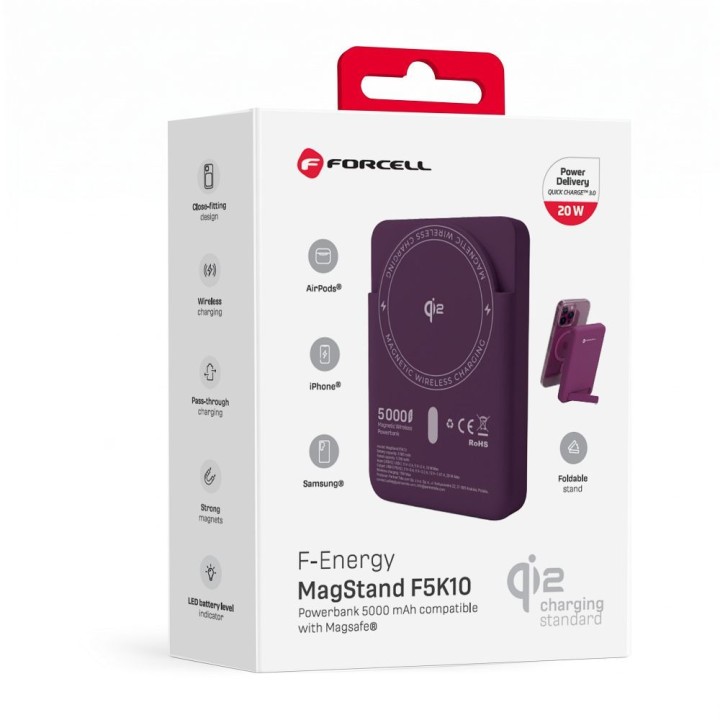 Повербанк сумісний з MagSafe Forcell F-Energy MagStand QI2 F5K10 QC3.0 PD3.0 20W 5000 mAh бордовий 0INT