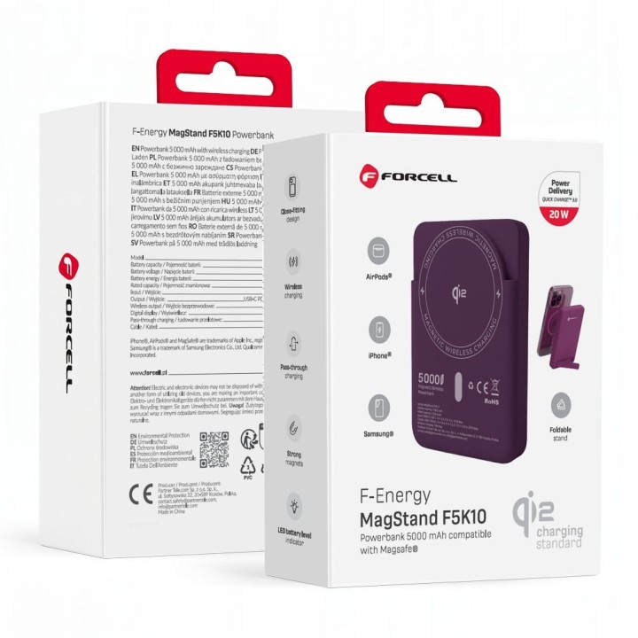 Powerbank zgodny z MagSafe Forcell F-Energy MagStand QI2 F5K10 QC3.0 PD3.0 20W 5000 mAh burgundowy 0INT