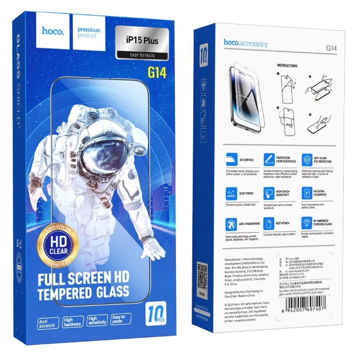 Szkło hartowane 5D do iPhone 15 PLUS / 16 PLUS Hoco HD Guardian shield (SET 10in1) G14 czarne