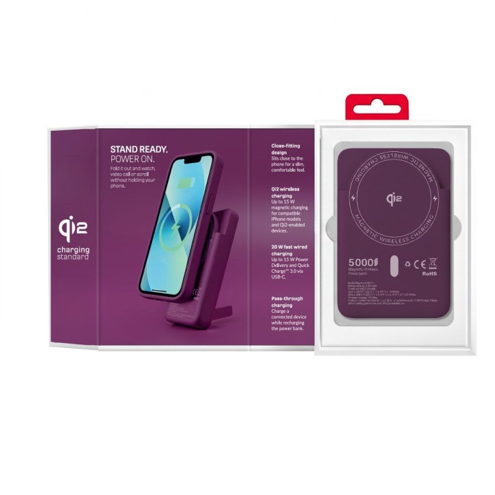 Powerbank zgodny z MagSafe Forcell F-Energy MagStand QI2 F5K10 QC3.0 PD3.0 20W 5000 mAh burgundowy 0INT
