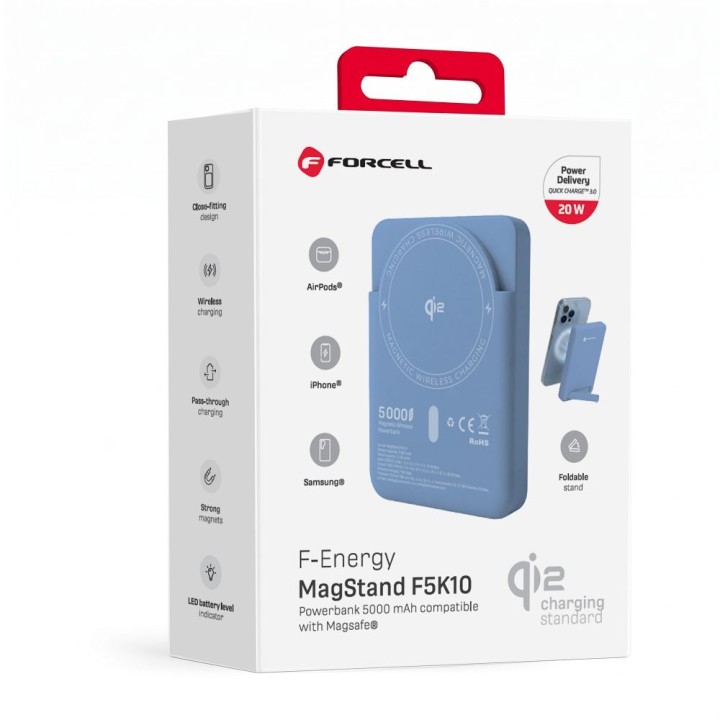 Powerbank zgodny z MagSafe Forcell F-Energy MagStand QI2 F5K10 QC3.0 PD3.0 20W 5000 mAh jasnoniebieski 0INT