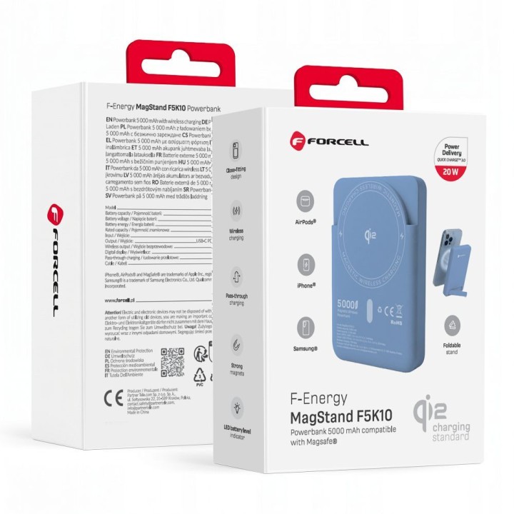 Powerbank zgodny z MagSafe Forcell F-Energy MagStand QI2 F5K10 QC3.0 PD3.0 20W 5000 mAh jasnoniebieski 0INT