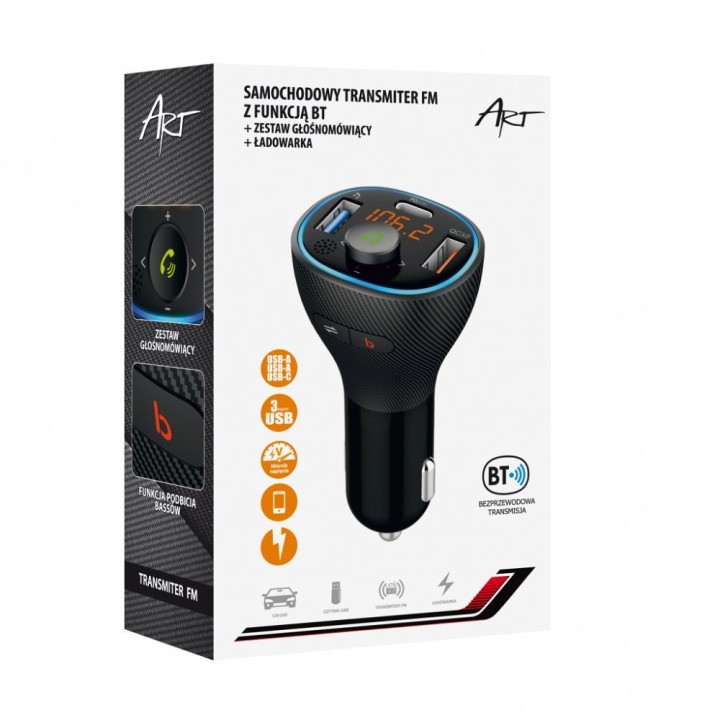 ART трансмітер FM Bluetooth 5.0 + USB A QC3.0 + Тип C (total 30W) FM-73 чорний
