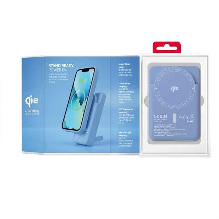 Powerbank zgodny z MagSafe Forcell F-Energy MagStand QI2 F5K10 QC3.0 PD3.0 20W 5000 mAh jasnoniebieski 0INT