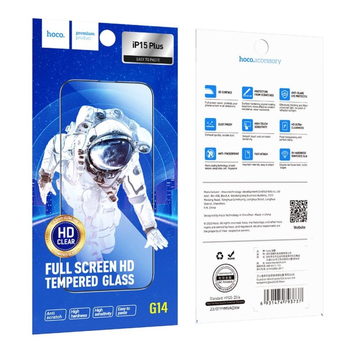 Szkło hartowane 5D do iPhone 15 PLUS / 16 PLUS Hoco HD Guardian shield (SET 10in1) G14 czarne
