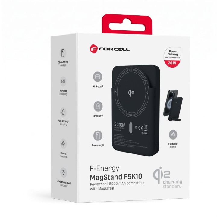Повербанк совместимый с MagSafe Forcell F-Energy MagStand QI2 F5K10 QC3.0 PD3.0 20W 5000 mAh черный 0INT