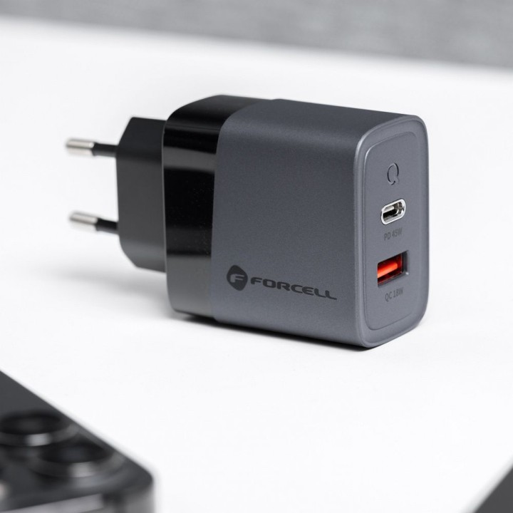 Сетевое зарядное устройство для телефона Forcell F-Energy GaN USB C + USB A QC4.0 PD 4A 45W VT-39 серое
