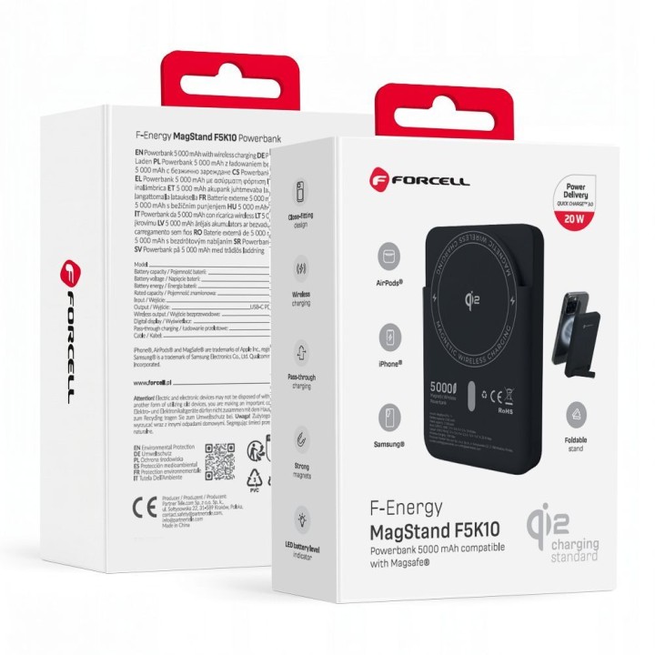 Повербанк совместимый с MagSafe Forcell F-Energy MagStand QI2 F5K10 QC3.0 PD3.0 20W 5000 mAh черный 0INT