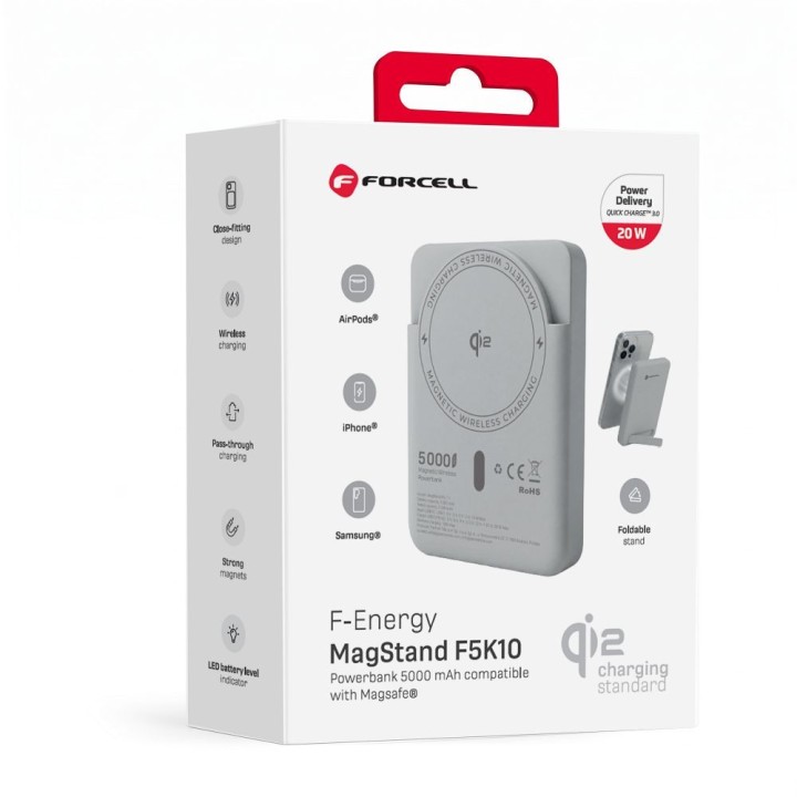 Powerbank zgodny z MagSafe Forcell F-Energy MagStand QI2 F5K10 QC3.0 PD3.0 20W 5000 mAh biały 0INT