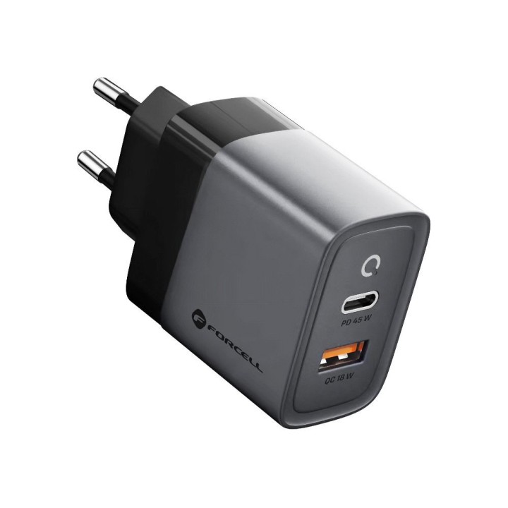Ładowarka sieciowa do telefonu Forcell F-Energy GaN USB C + USB A QC4.0 PD 4A 45W VT-39 szara