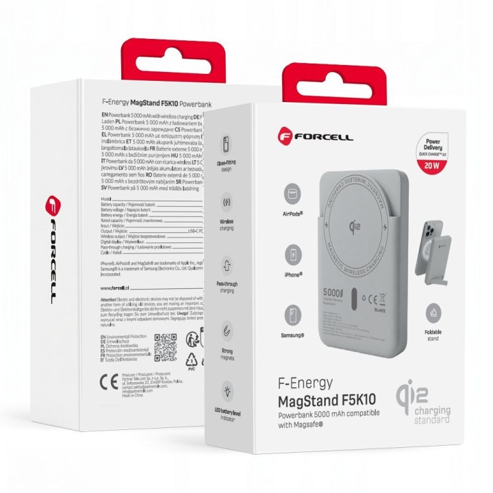 Повербанк совместимый с MagSafe Forcell F-Energy MagStand QI2 F5K10 QC3.0 PD3.0 20W 5000 mAh белый 0INT