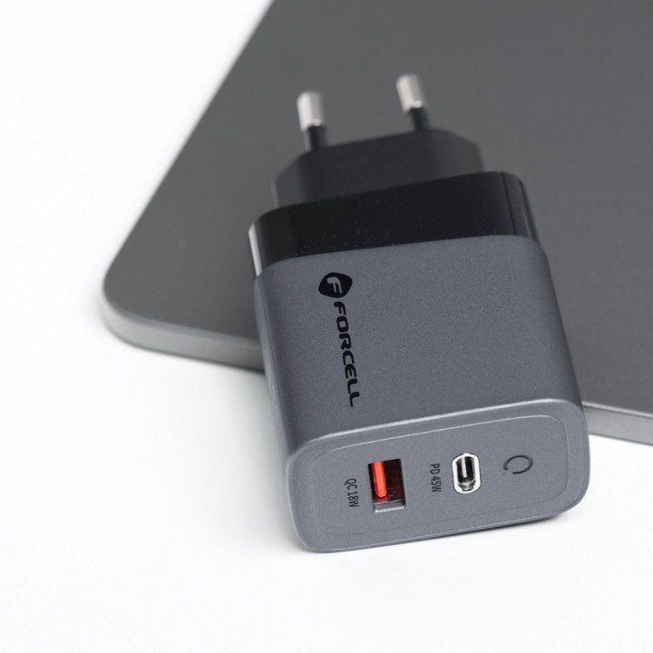 Wall charger for phone Forcell F-Energy GaN USB C + USB A QC4.0 PD 4A 45W VT-39 grey