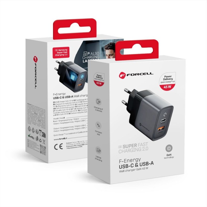 Мережевий зарядний пристрій для телефону Forcell F-Energy GaN USB C + USB A QC4.0 PD 4A 45W VT-39 сірий