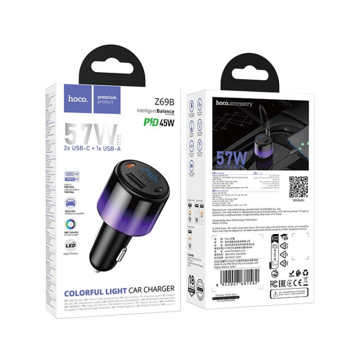 Car charger Hoco USB A + 2x USB C QC3.0 PD 57W Z69B black