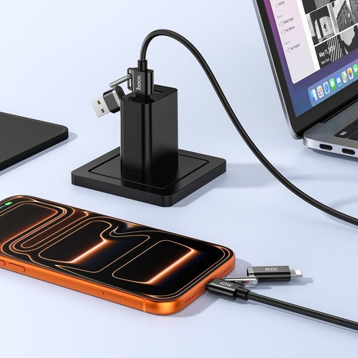 Кабель 4 в 1 USB A/USB C – USB C/Lightning Hoco 3A 60W 1,2 m U155 чорний