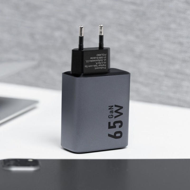Wall charger for phone Forcell F-Energy GaN 2 x USB C + USB A QC4.0 PD 4A 65W VT-42B grey