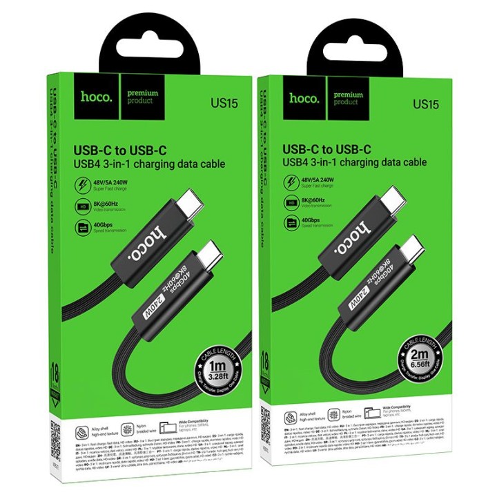 Кабель USB-C – USB-C Hoco USB4 40Gbps/8K60Hz 5A 240W 1m US15 чорний