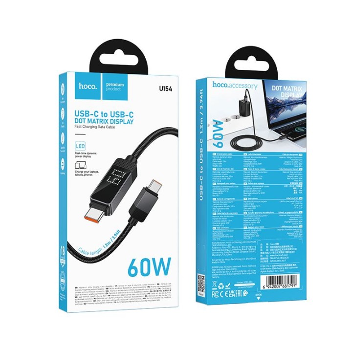 Кабель USB-C – USB-C Hoco 3A 60W с дисплеем Dot Matrix 1 m U154 черный